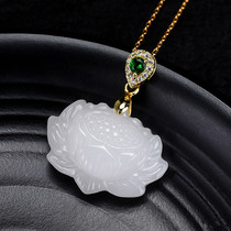 Magnifying glass Xinjiang Hotan jade white lotus pendant master carving pure lotus fidelity with certificate
