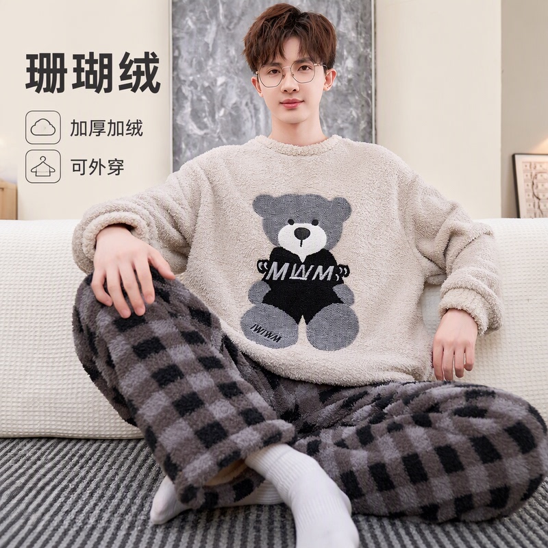 Coral Velvet Pajamas for Men, Autumn and Winter Long-Sleeved, Thickened and Fleece-Lined, Plus Size, Teenagers Can Wear Them Outside, Home Wear Set