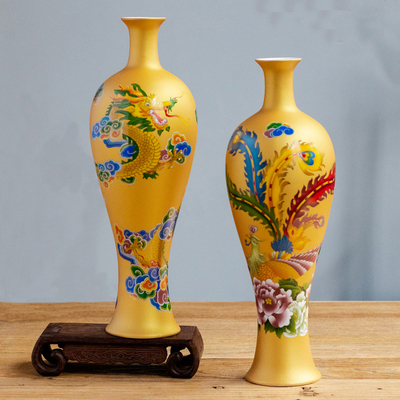 Powder gold glaze craft dragon and phoenix Chengxiang vase-to-bottle special commemorative porcelain decorative ornaments for the 110th anniversary of the birth
