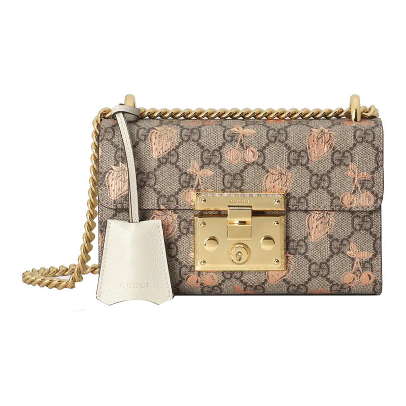 9.9/9.5新Gucci/古驰Padlock帆布拼皮乌木色女款盒子包单肩斜挎包