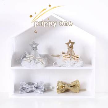 Pet cat dog teddy birthday wedding lace sequin bow star hat bow tie set gold and silver set