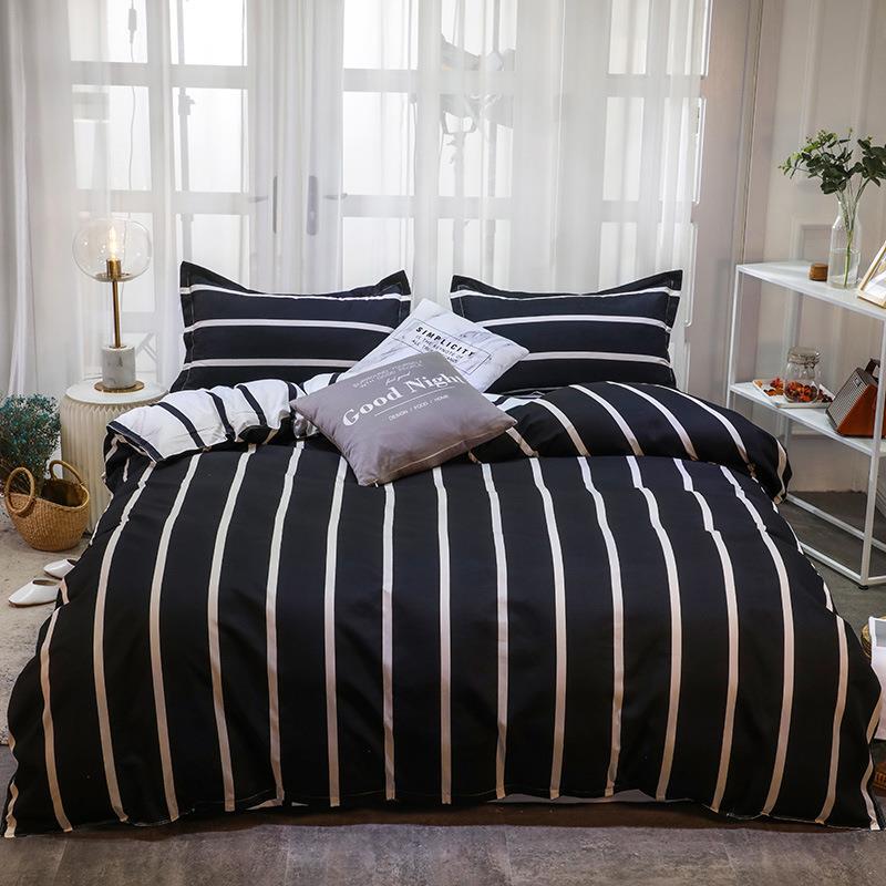 Brushed Aloe Vera Cotton Bed Set, Four-Piece Student Dormitory Set, Three-Piece Men's Plaid Striped Bed Sheet and Duvet Cover for All Seasons