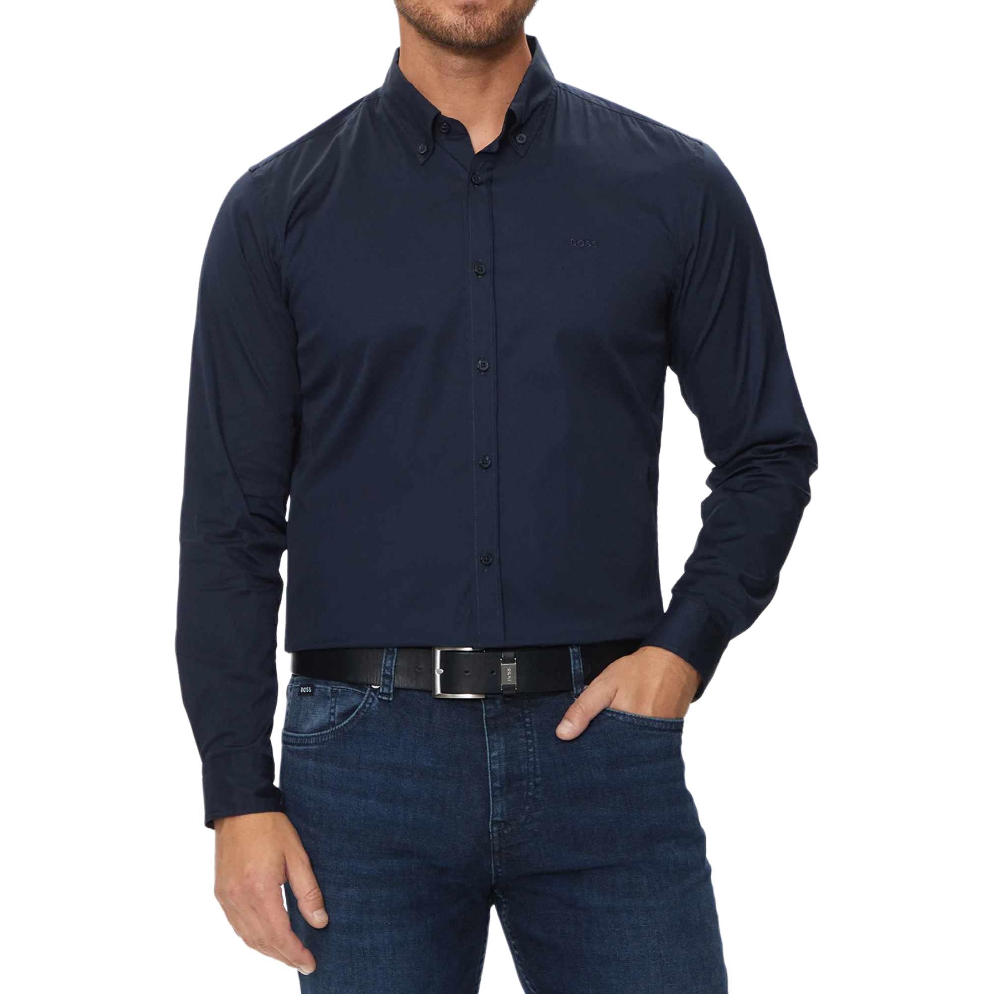 Hugo Boss 纯色徽标刺绣翻领单排扣修身长袖衬衫 男款 深蓝色