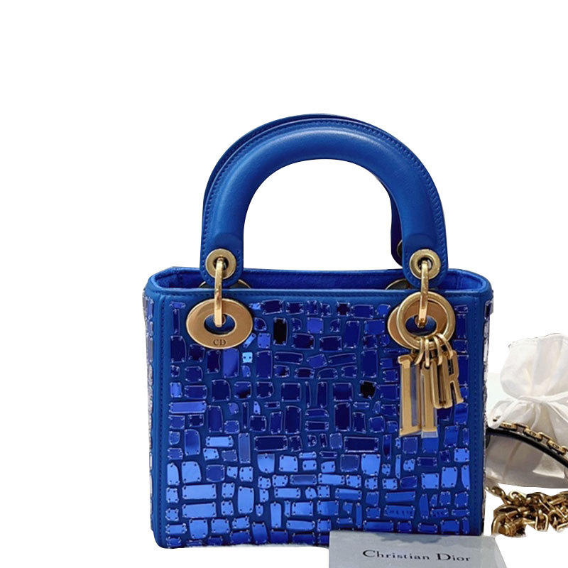 【 50% off Instant Purchase 】99% New Dior Three-Compartment Blue Sequin Lady Dior Bag Handbag Shoulder Crossbody Women's Bag