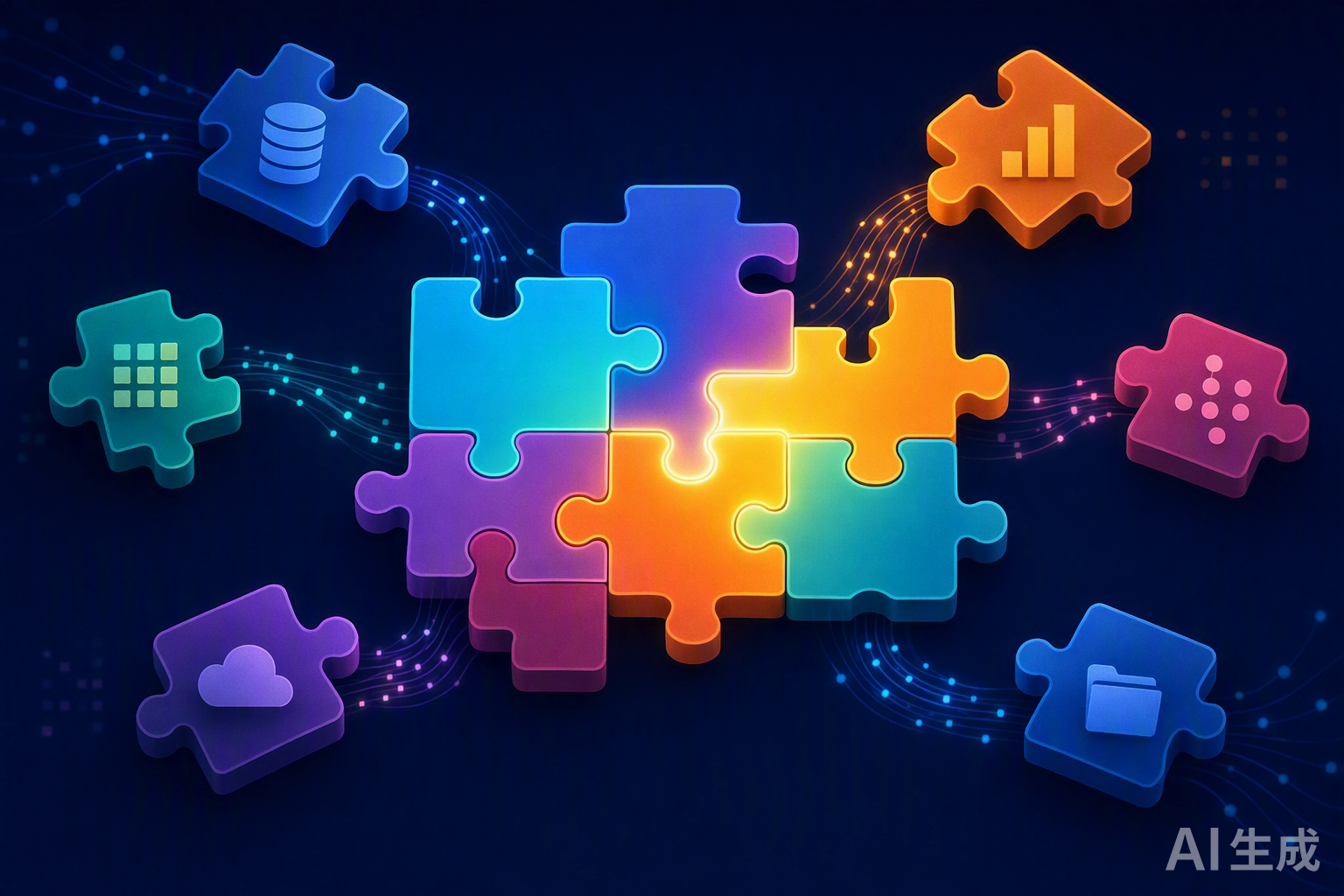 Data puzzle pieces coming together into integrated structure