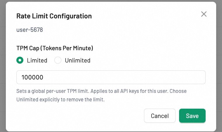 Customer rate limit — modal with TPM cap radio selection (Limited/Unlimited) and numeric input