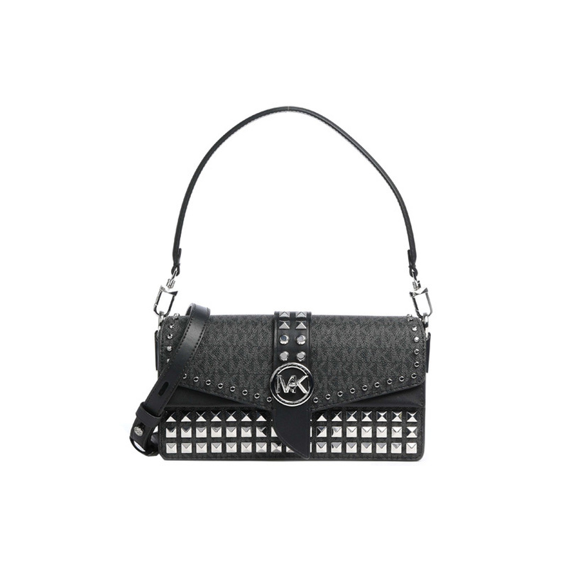 Michael Kors Mk Greenwich Rivet Logo Leather Shoulder Bag Crossbody Bag Women's Black