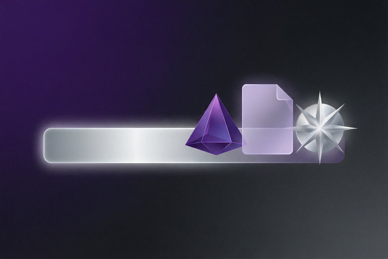 Editorial illustration of a search bar transforming into three distinct AI tool shapes — prism, document panel, and starburst sphere