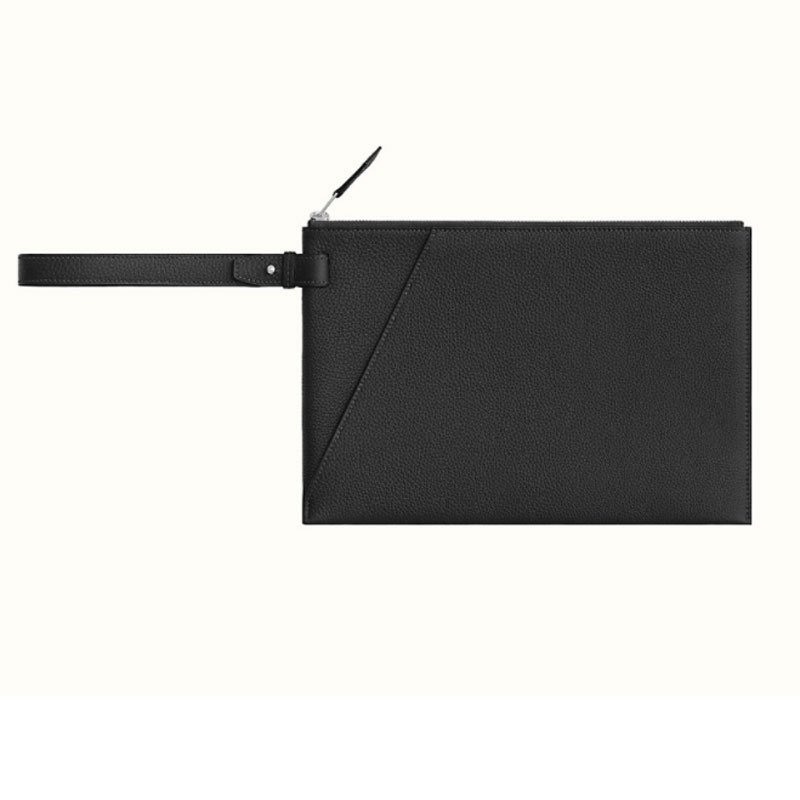 [9.9 New] Hermès Pure Black Pebbled Leather Men's Bag New Model Leather Clutch Bag