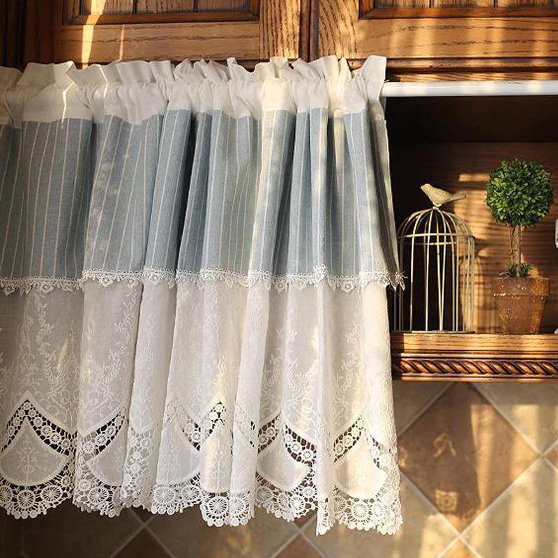American-Style Mediterranean Pure White Embroidered Blue and White Striped Half Curtain, Curtain for Blocking View, Cabinet Door Curtain, Dust-Proof Curtain