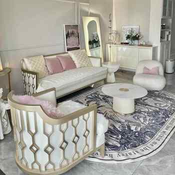 American modern simple solid wood hollow leather art sofa champagne gold french light luxury villa living room whole house furniture