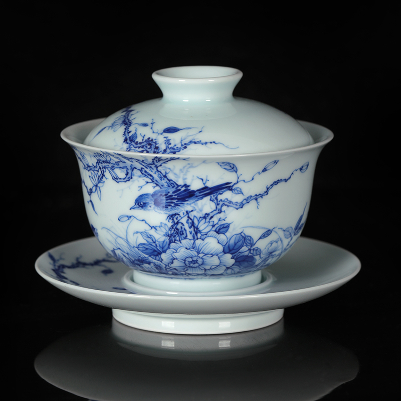 The "Windy and Rainy Day" Pure Hand-Painted Blue and White Cover Bowl Tea Set Was Produced by the Art Porcelain Factory's Research Laboratory in the 70S and 80S