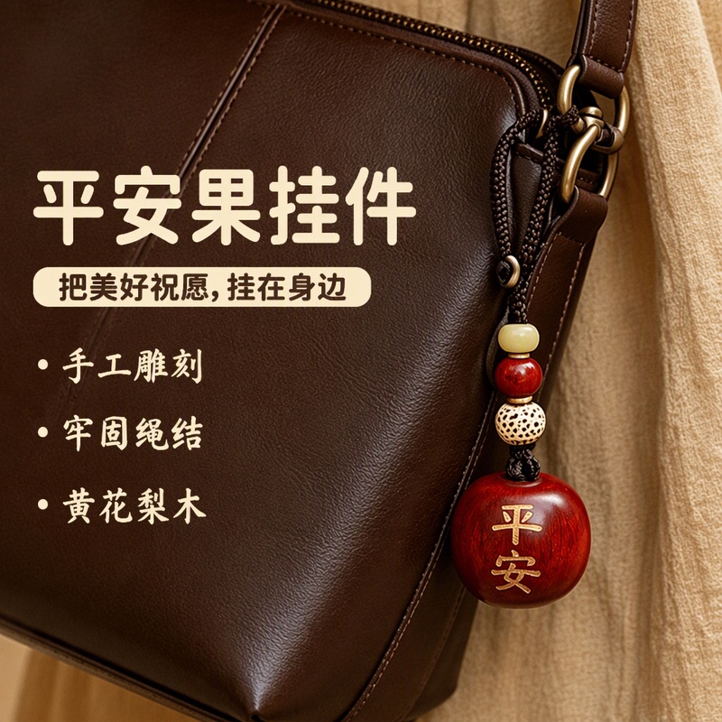 2026 New Model Huanghuali Wood Apple Pendant Car Keychain Bag Decoration Peace Lanyard Best Friend Birthday Gift
