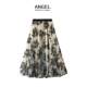 Flocked printed gauze skirt women's autumn and winter mid-length a-line large hem floral mesh white skirt long skirt 1819