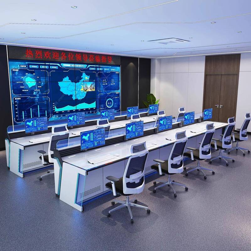 Straight-Shaped Command Center Console, Steel-Wood Combination, Technology-Inspired Central Control Room Security Monitoring Desk, Dispatching Desk