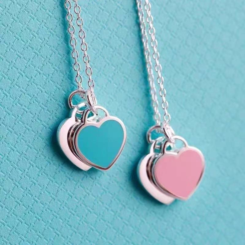 S925 Silver Heart-Shaped Bracelet Pendant Blue and Pink Necklace Chinese Valentine's Day Gift Jewelry Red Heart Enamel