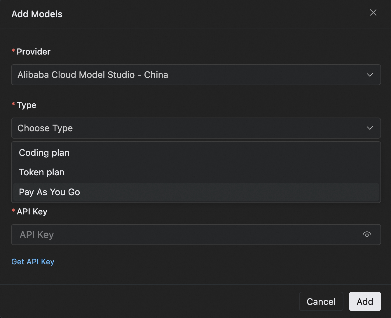 BYOK Add Models dialog