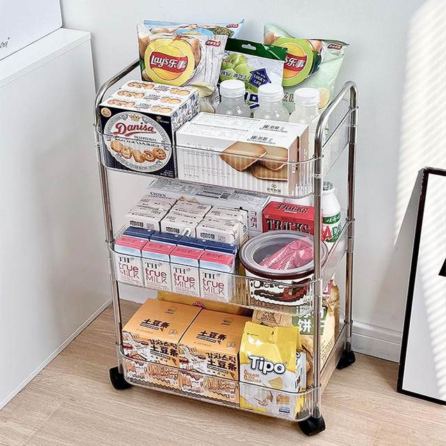 Snack storage racks for household living rooms, multi-function floor-standing movable trolleys, multi-layer transparent storage rack storage cabinets