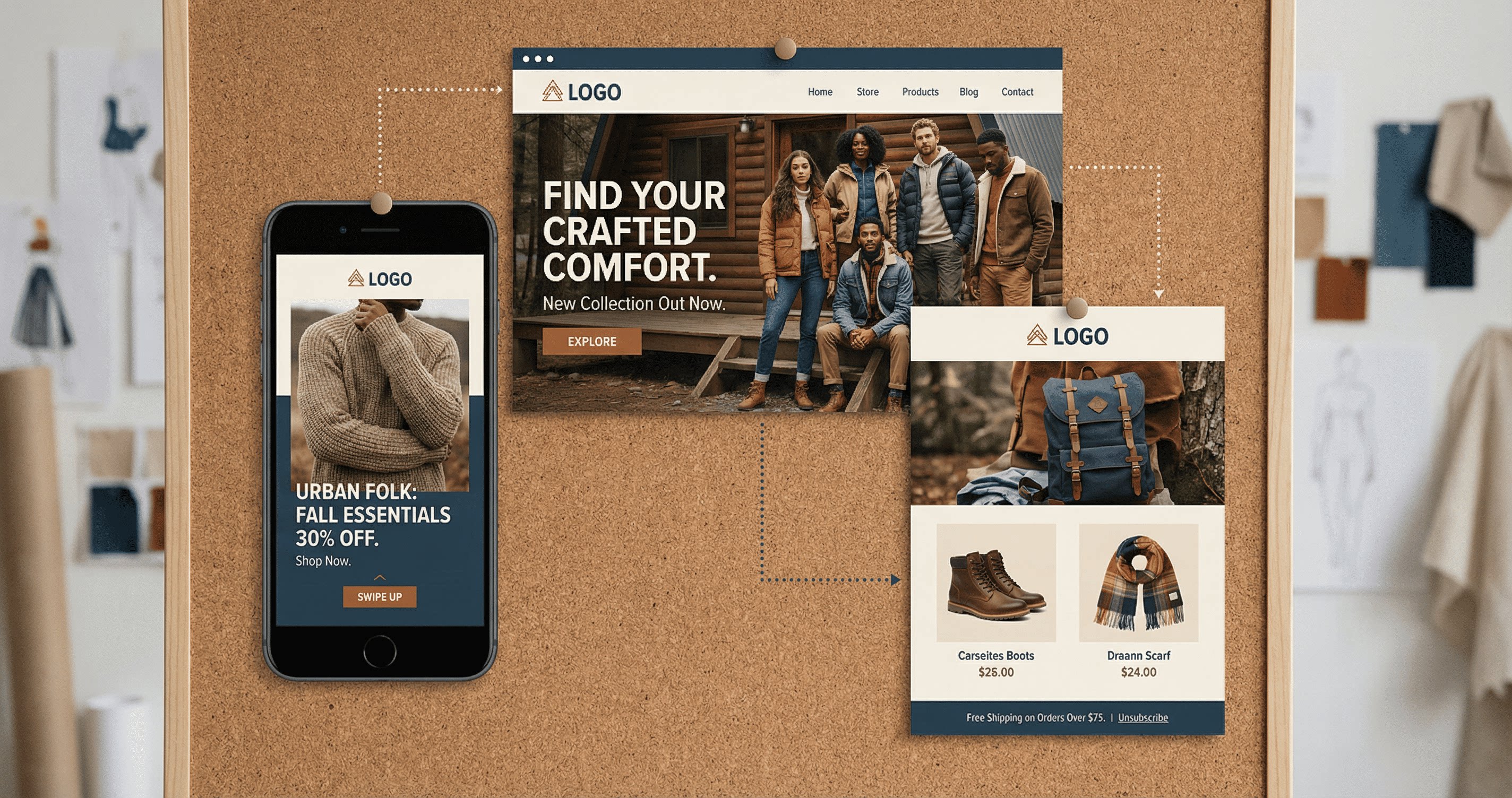 A collage of eCommerce assets including a mobile ad, a website hero banner, and a promotional email