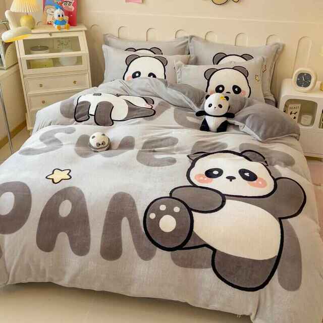 National treasure panda milk velvet cartoon bed four-piece set for children winter thickened baby velvet sheets and quilt cover coral velvet