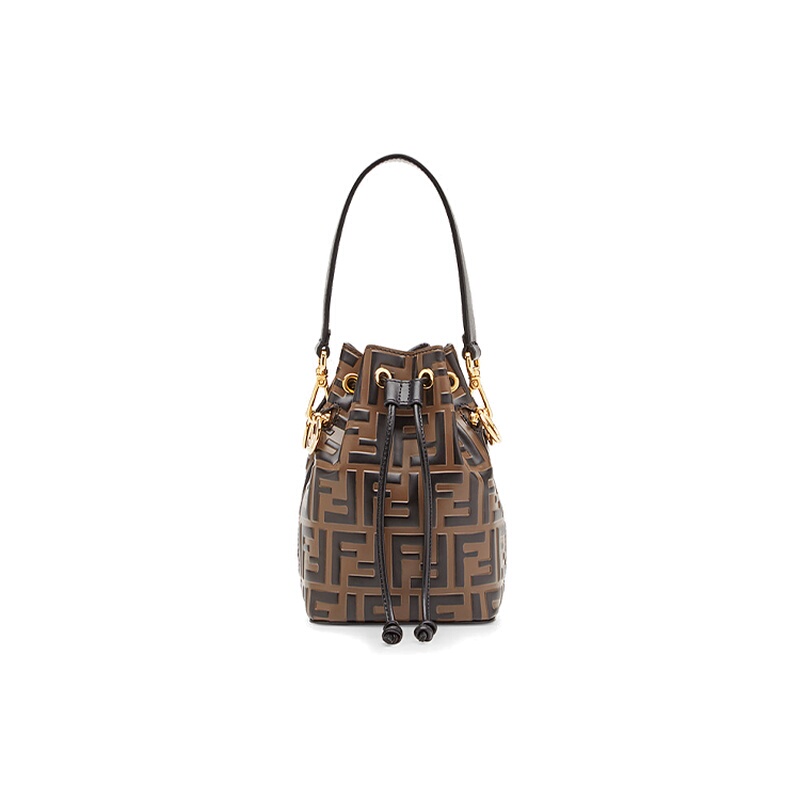 9.9 New Fendi/Fendi Mon Tresor Calfskin Brown Women's Mini Bucket Bag Shoulder Bag