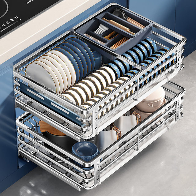 Household pull-out basket kitchen cabinet 304 stainless steel double-layer drawer type cupboard storage built-in dish rack bowl basket