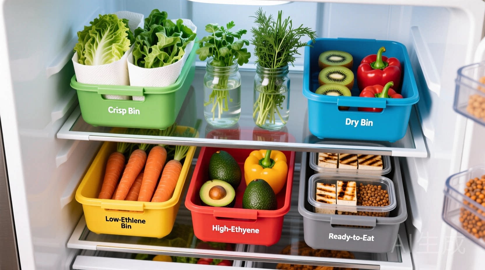Overhead photo of a standard refrigerator with five clearly labeled, color-coded, stackable storage bins arranged on adjustable glass shelves—Crisp Bin (green) holds romaine and arugula in paper-towel-lined containers; Dry Bin (blue) contains upright herb bunches in water-filled jars; Low-Ethylene Bin (yellow) displays whole carrots and bell peppers; High-Ethylene Bin (red) holds unripe avocados and kiwis; Ready-to-Eat Bin (gray) contains portioned grilled tofu and cooked lentils in sealed containers.