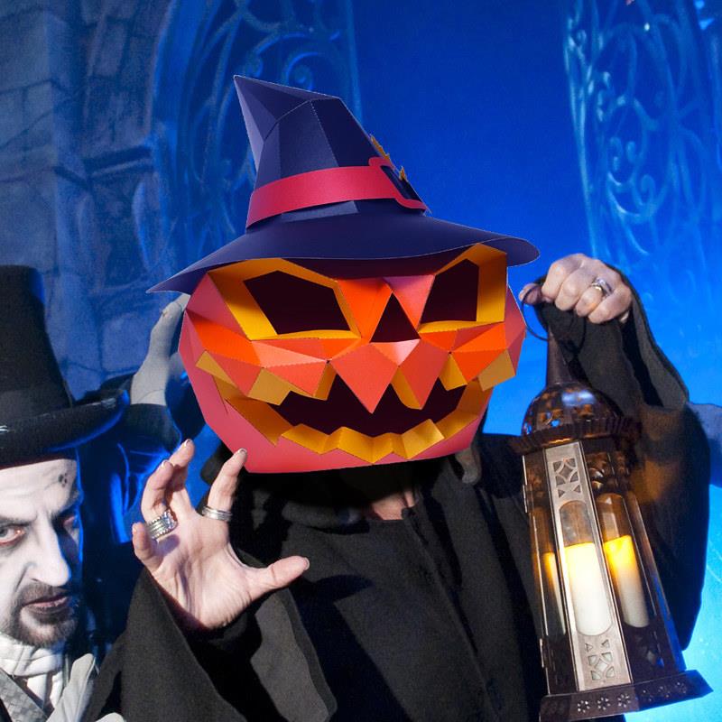 Halloween Pumpkin Headgear Halloween Horror Prank Pumpkin Headgear Mask Hat Wearable 3D Paper Model Hair Accessory