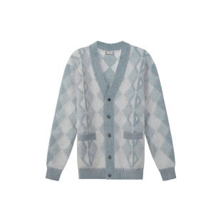 男款 菱形纹V领单排扣马海毛针织衫 灰蓝色 FW22 DIOR