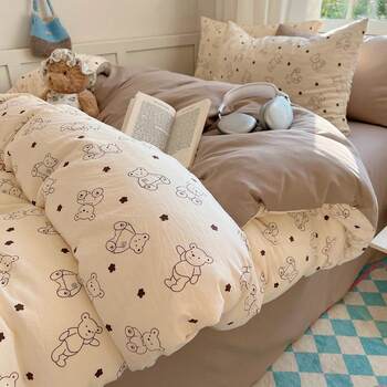 Class a Pure Cotton Four-Piece Bedding Set for Sleeping Naked, Fully Washed Cotton Fitted Sheet Style, Ins-Style Fresh Bed Sheet and Duvet Cover, Dormitory Three-Piece Set