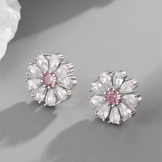 New Pink Cherry Blossom Love Zircon Set Wedding Jewelry Flower Earrings Necklace Ring Three-Piece Set Jewelry for Women
