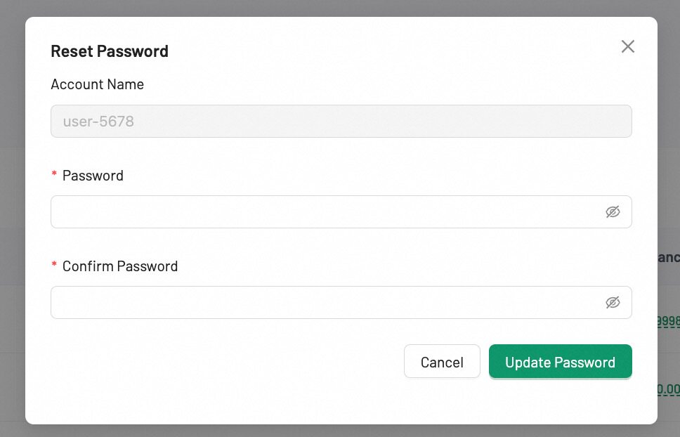 Customer reset password — modal with new password and confirm password fields