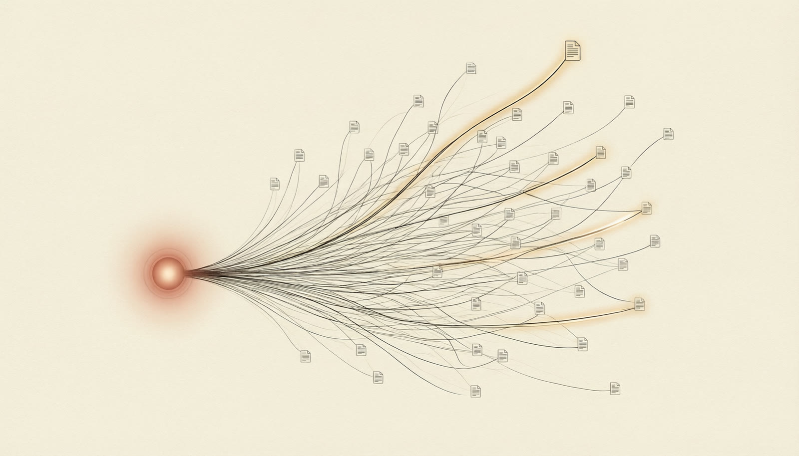 A glowing answer node connected to numerous citation document nodes, illustrating how ChatGPT answers carry more web source links after the August 6 update.