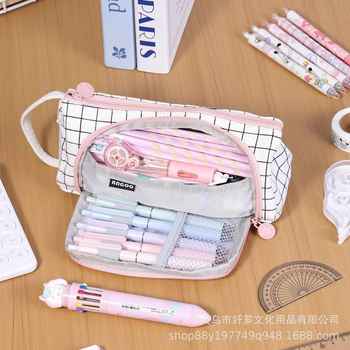 Korean version simple solid color large capacity pencil bag junior high school fresh canvas pencil bag multifunction storage stationery bag