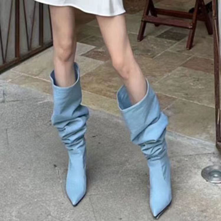 Wide-Leg Denim Slouch Boots for Women, 2025 Summer New Pointed-Toe Heeled Long Boots, Stiletto Heel Boots