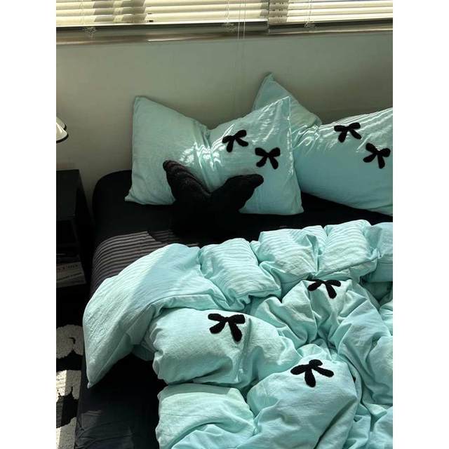 Girl Ins Fresh Blue Black Bow Towel Embroidered Washing Cotton Four-Piece Set Bed Sheet 1.8 Quilt Set Three-Piece Set