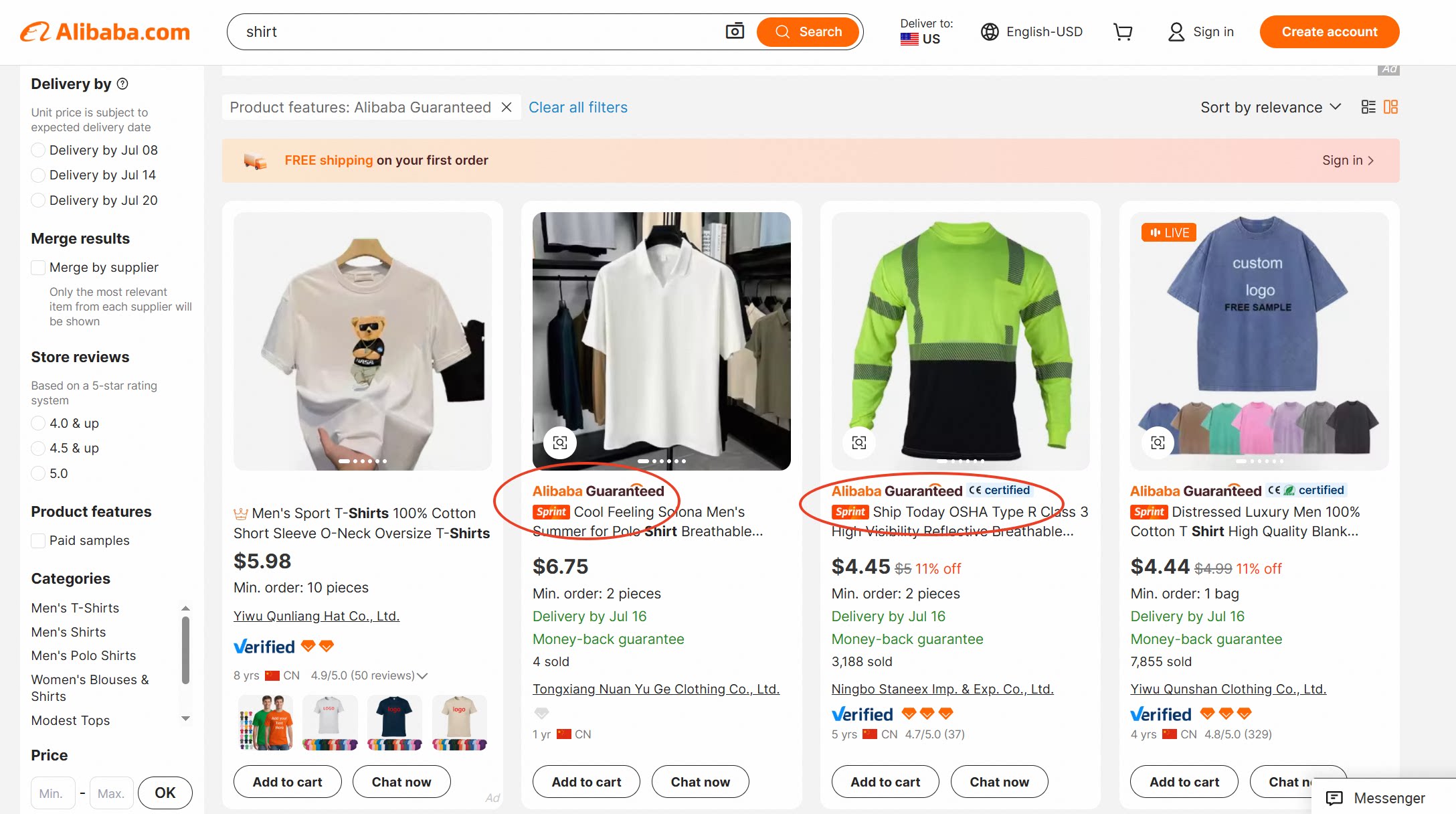 A screenshot of products with the Alibaba Guaranteed label
