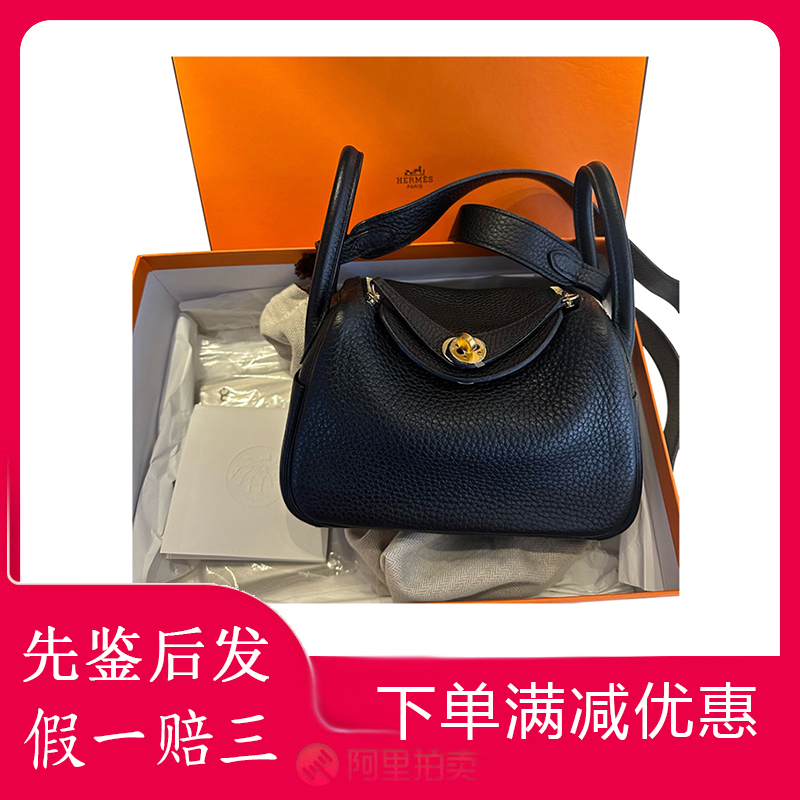 [98 New] Hermes Lindy Mini Lindy Black Gold Tc Leather Shoulder Handbag Women's Bag Genuine