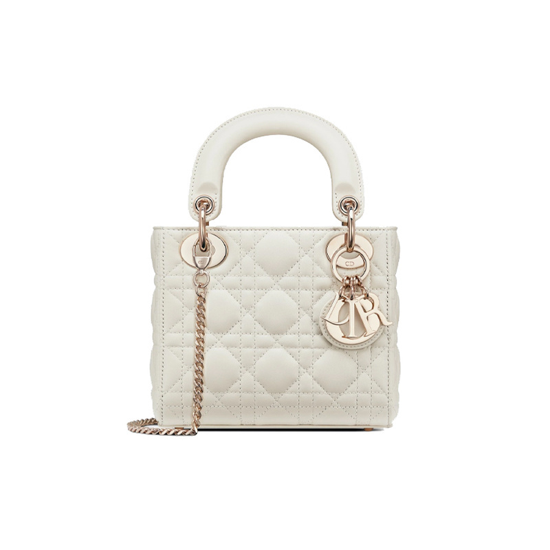 9.9 New Dior/Lady Dior Cannage Pattern Lambskin Cream White Women's Mini Handbag Shoulder Bag