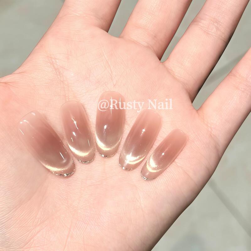【Trajectory Flowing Fireflies】Ice-Clear Nude Color Handmade Wearable Nails Pure Blush French Cat-Eye Nail Stickers