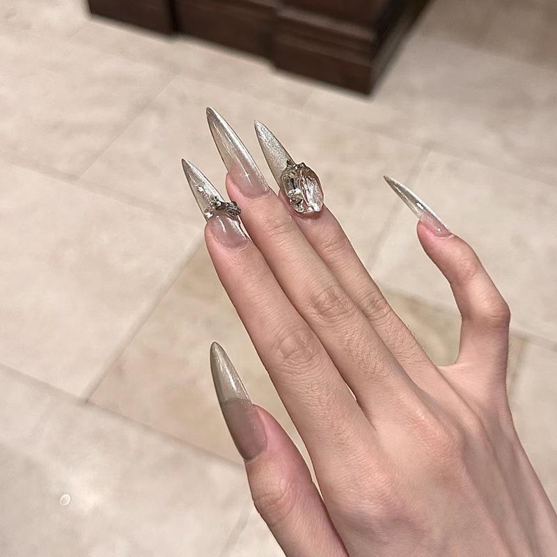 Popular Handmade Rhinestone Nail Art with a High-End Feel, Long French-Style Nail Stickers, Removable Nail Pieces