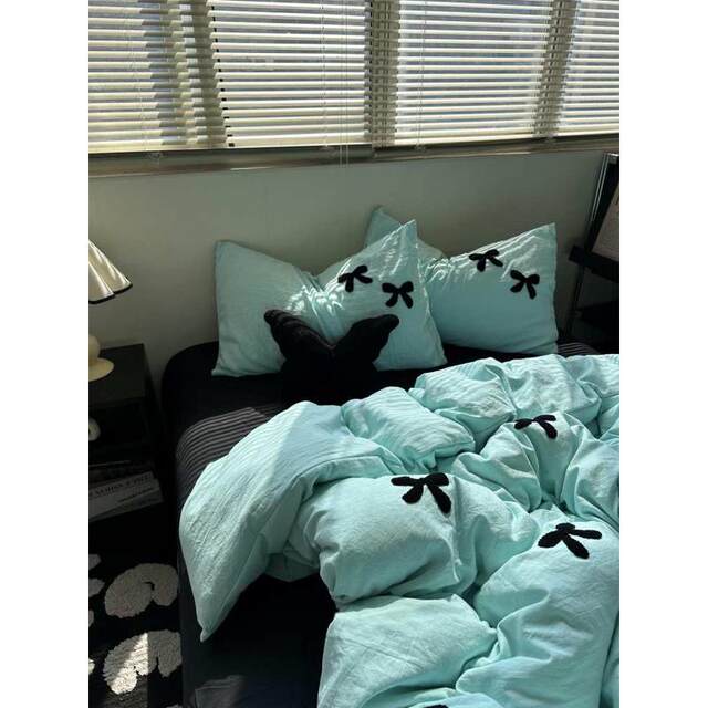 Girl Ins Fresh Blue Black Bow Towel Embroidered Washing Cotton Four-Piece Set Bed Sheet 1.8 Quilt Set Three-Piece Set