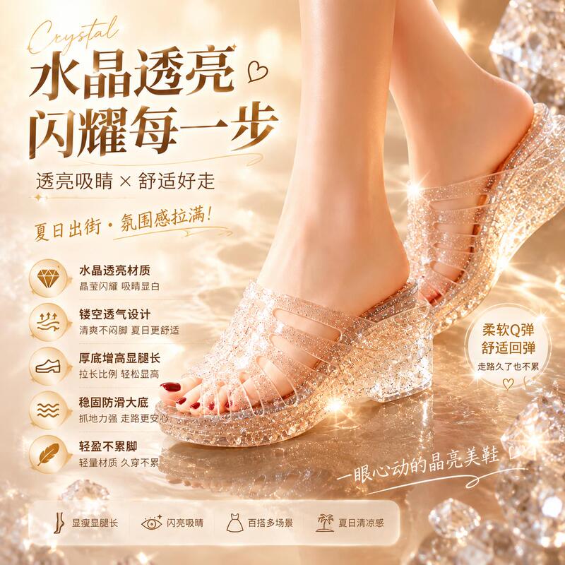 Crystal Slippers, High Heels, Wedge Heels, Women's Outerwear, Stylish, High-End, Non-Slip, Anti-Odor, Thick-Soled Jelly Height-Increasing Glitter Shoes