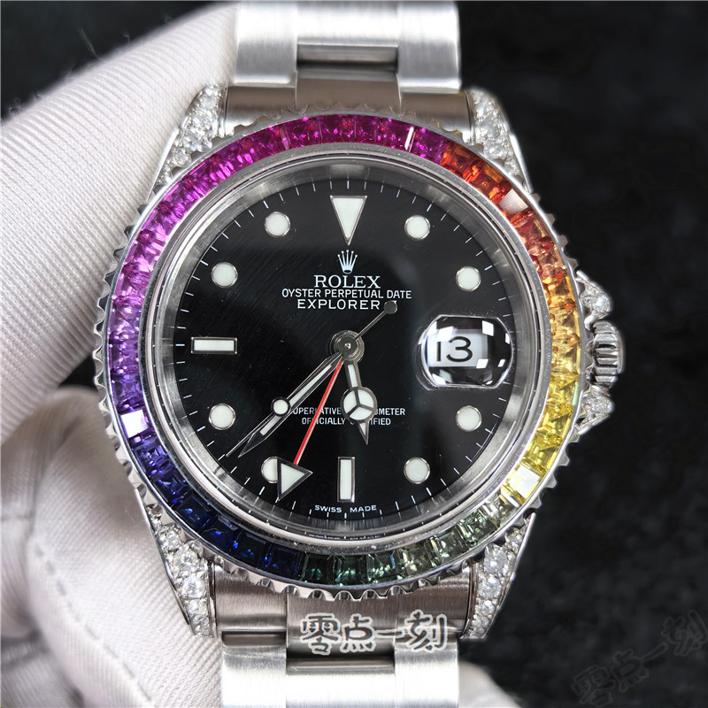 Second-Hand Genuine Rolex Watch for Men Explorer with Diamond-Encrusted Rainbow Bezel, 98% New, Automatic Mechanical 16570