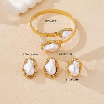 Cross-border special-shaped retro imitation pearl ring earrings fashion design jewelry three-piece set literary retro style zinc alloy