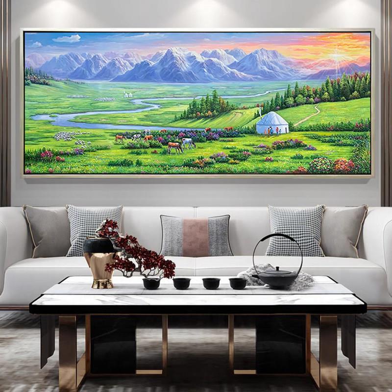 Hand-Painted Oil Painting for Living Room Sofa Background Wall Decoration, Three-Dimensional Landscape Painting, Original Prairie High-End Grandiose Design, Mongolian Yurt