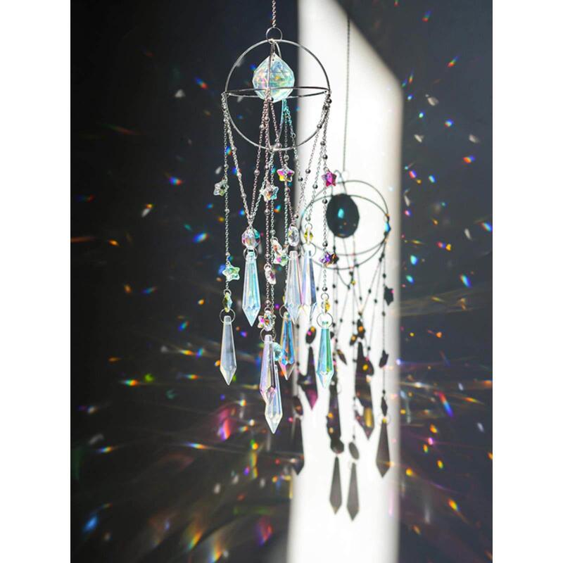 Romantic Wind Chimes for Girls' Room, Sun Catcher, Crystal Pendant, Sun Rainbow Dream Catcher, Moon and Star Hanging Decorations