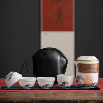 High-end tangshe sheep jade porcelain travel tea set white porcelain quick fat cup pot four cups anti-scalding portable one pack outdoor