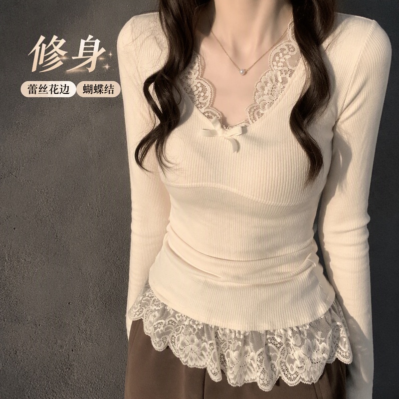 Pure Desire Style Korean V-Neck Bow Long-Sleeve T-Shirt for Women, Spring and Autumn Bm Style Lace Trim Slim Fit Inner Layer Warm Top