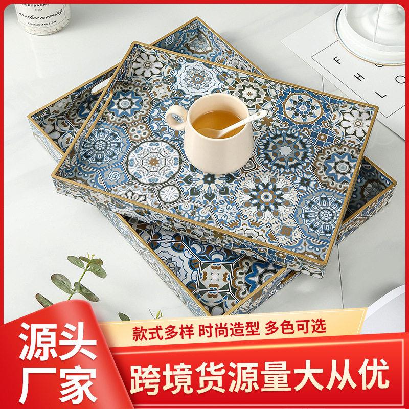 Imitation Blue Floral Tile Decorative Tray, Coffee Table Decorative Creative Ornament Tray, French-Style Light Luxury Plastic Tray Imitation Blue Floral Tile Decorative Tray, Coffee Table Decorative Creative Ornament Tray, French-Style Light Luxury Plastic Tray